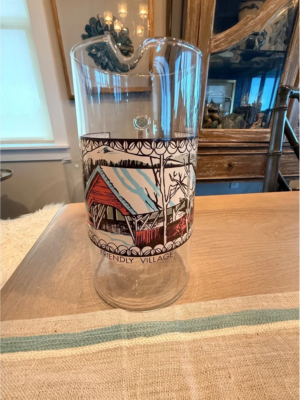 Vintage Glass Pitcher with Scenic 'Friendly Village' Design